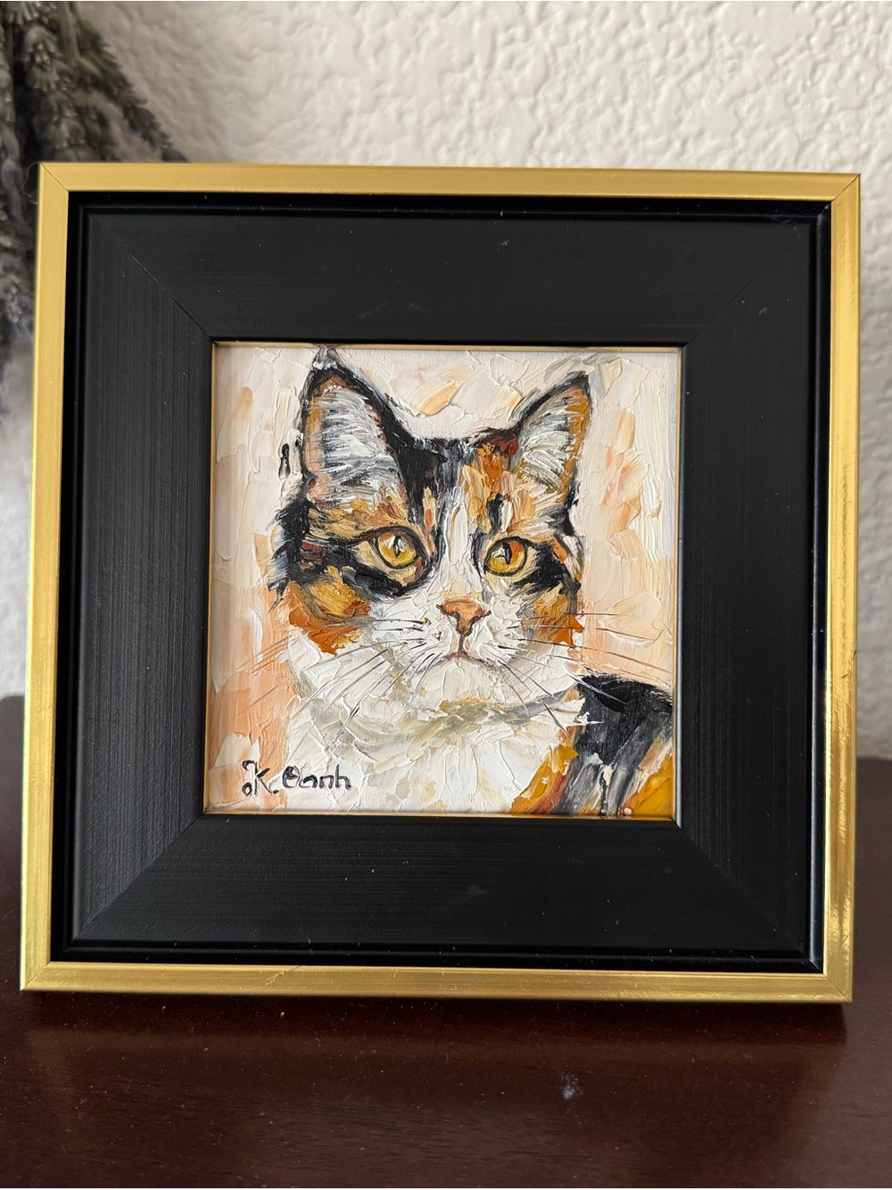 Original oil painting Calico Cat portrait signed framed 4x4 inches